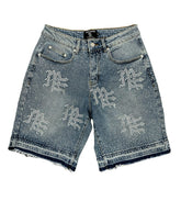 Mixed Emotions "ME" Rhinestone Denim Shorts Blue